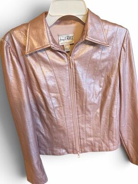 Y2K Rose Gold Metallic Faux Leather Jacket Size 8 Fitted Disco Glam Moto Party